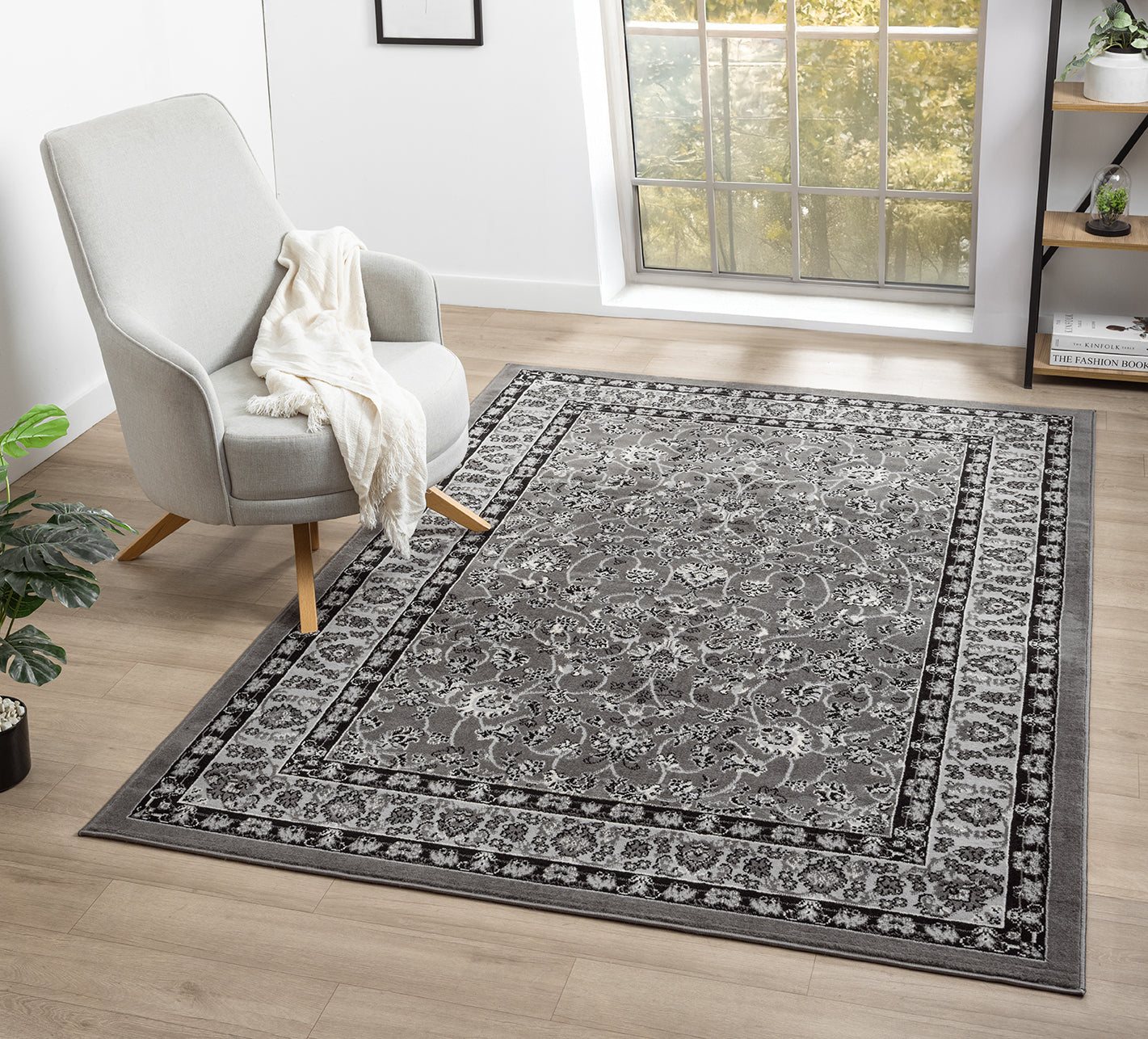 Grey Obsidian Classic monochrome rug, in a room setting