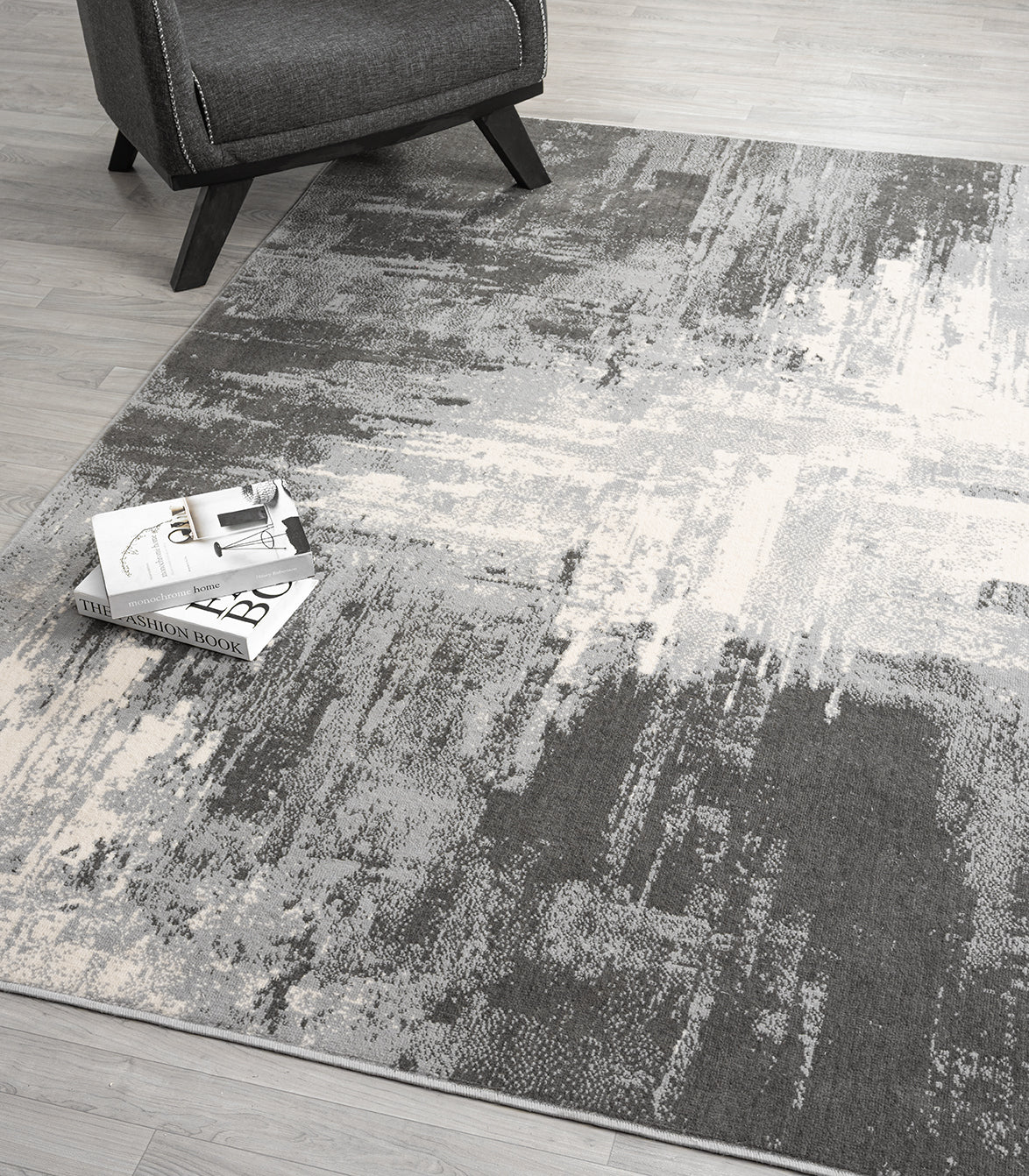 Grey Obsidian Craft monochrome rug, in a room setting 2