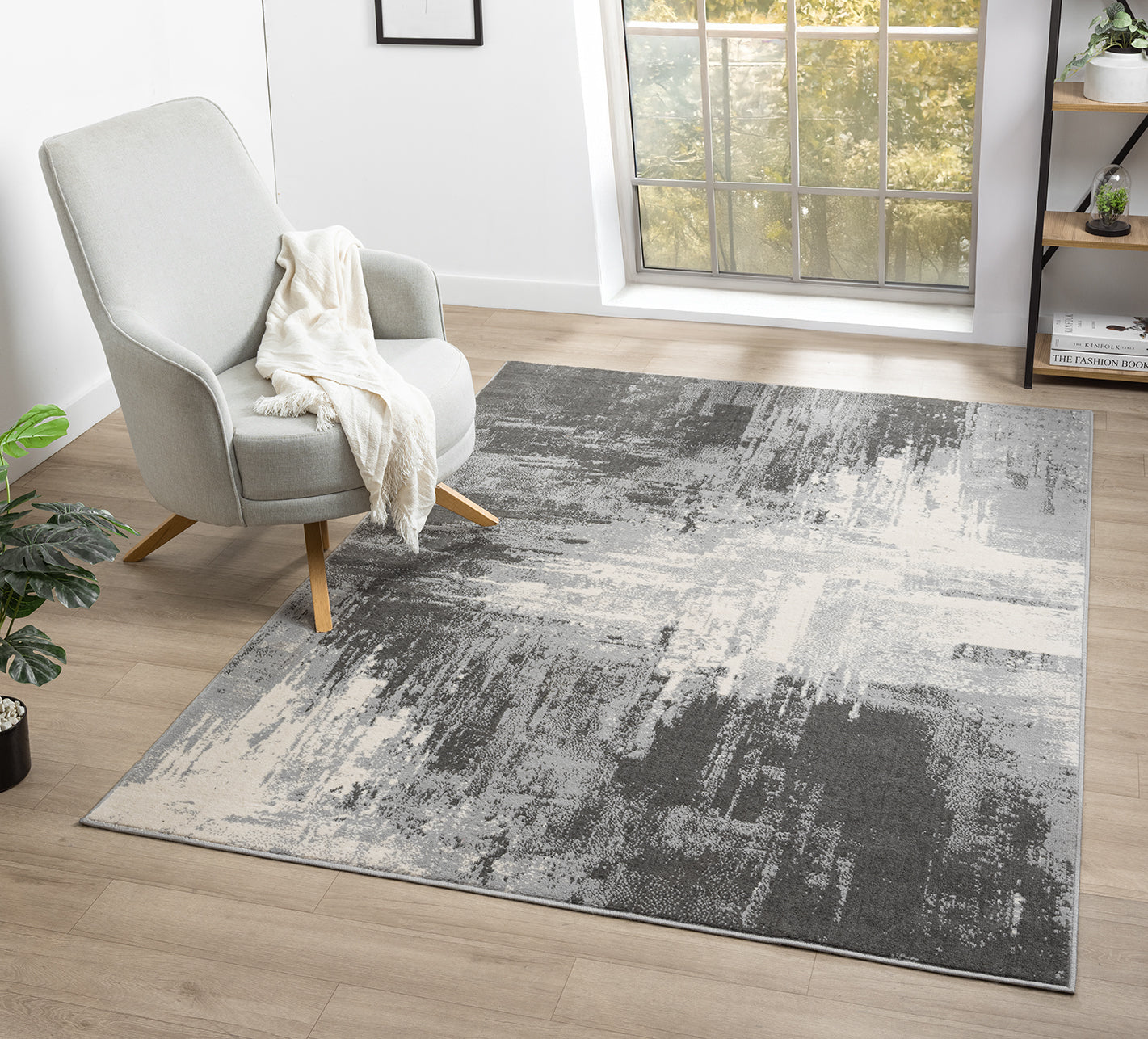 Grey Obsidian Craft monochrome rug, in a room setting