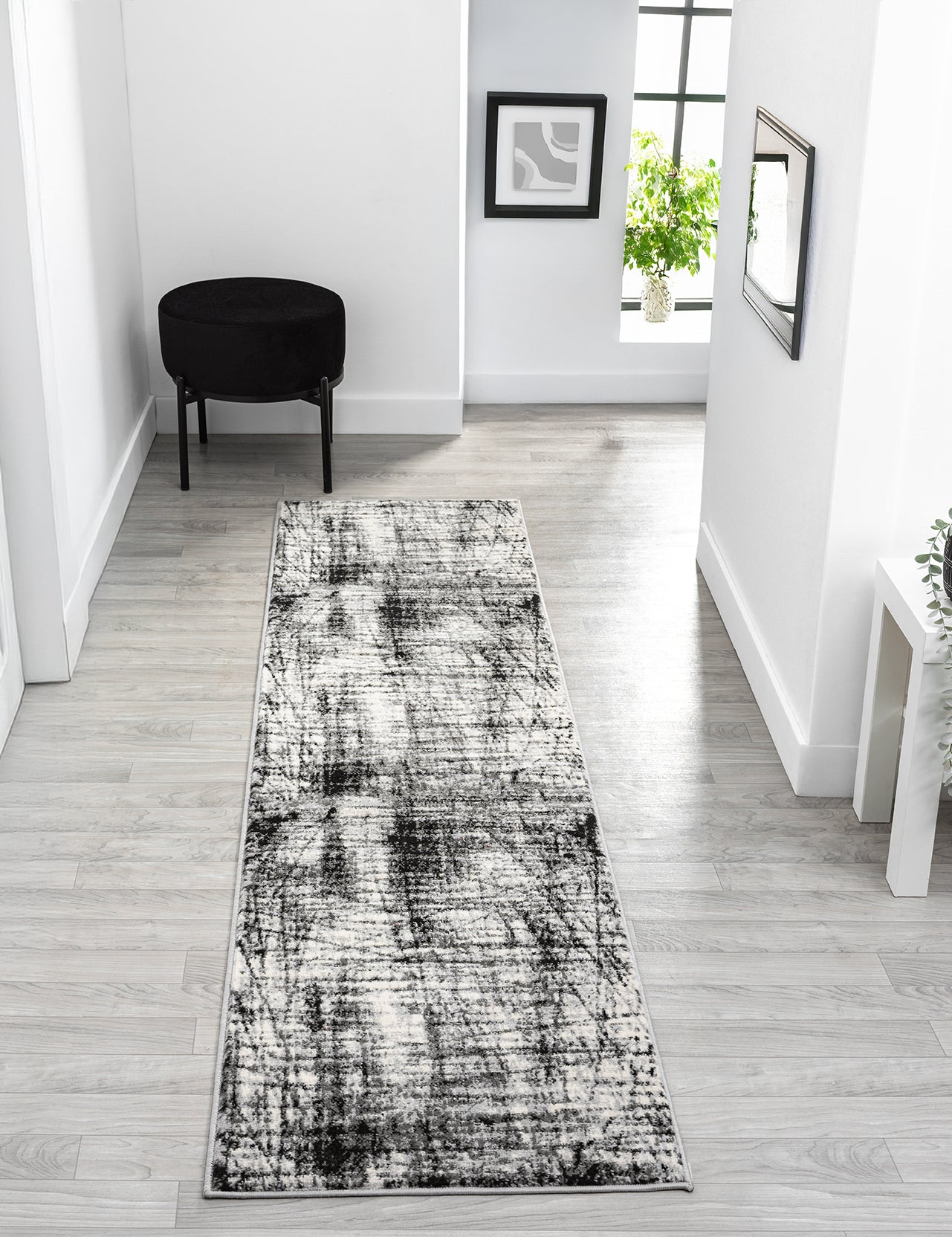 Grey Obsidian Oblique monochrome rug, in a room setting 3
