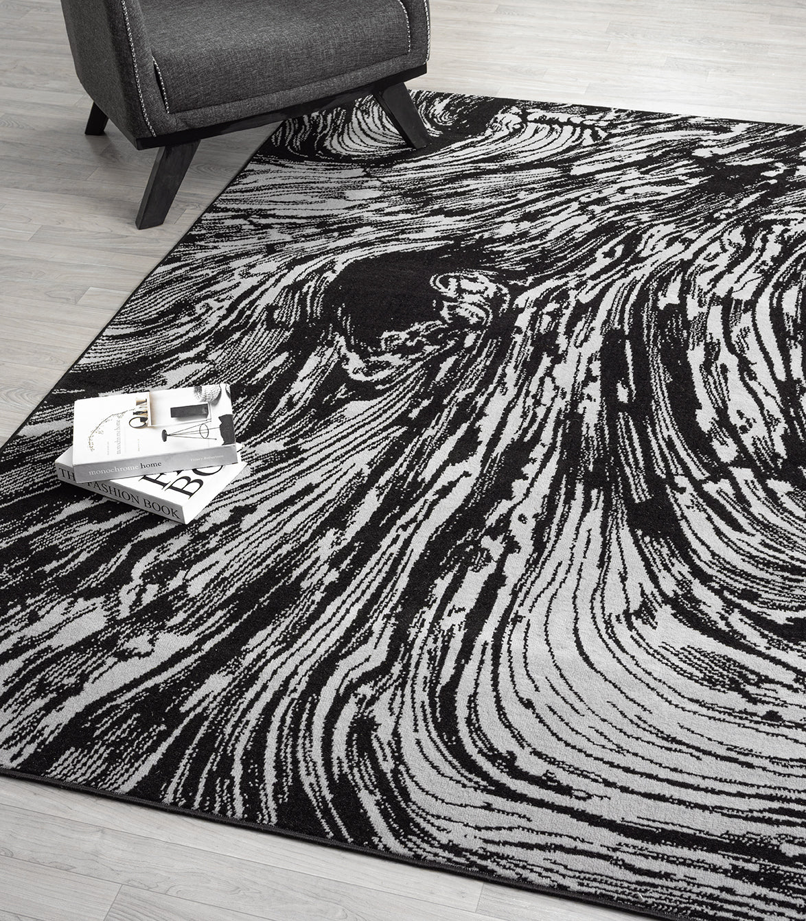 Grey Obsidian Whirlpool monochrome rug, in a room setting 2