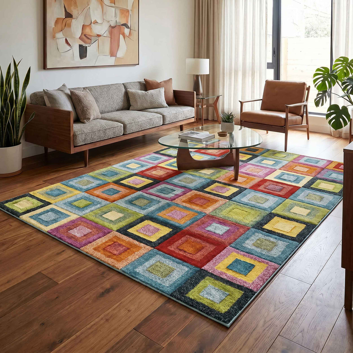 Rainbow Block carved rug, in a room setting