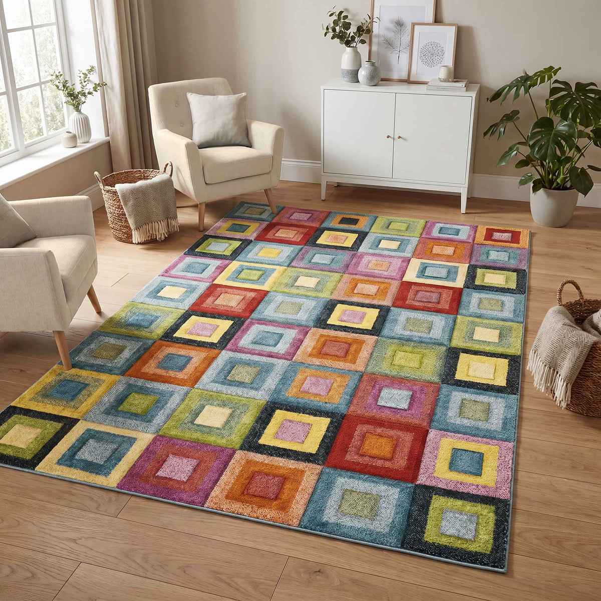 Rainbow Block carved rug, in a room setting 2
