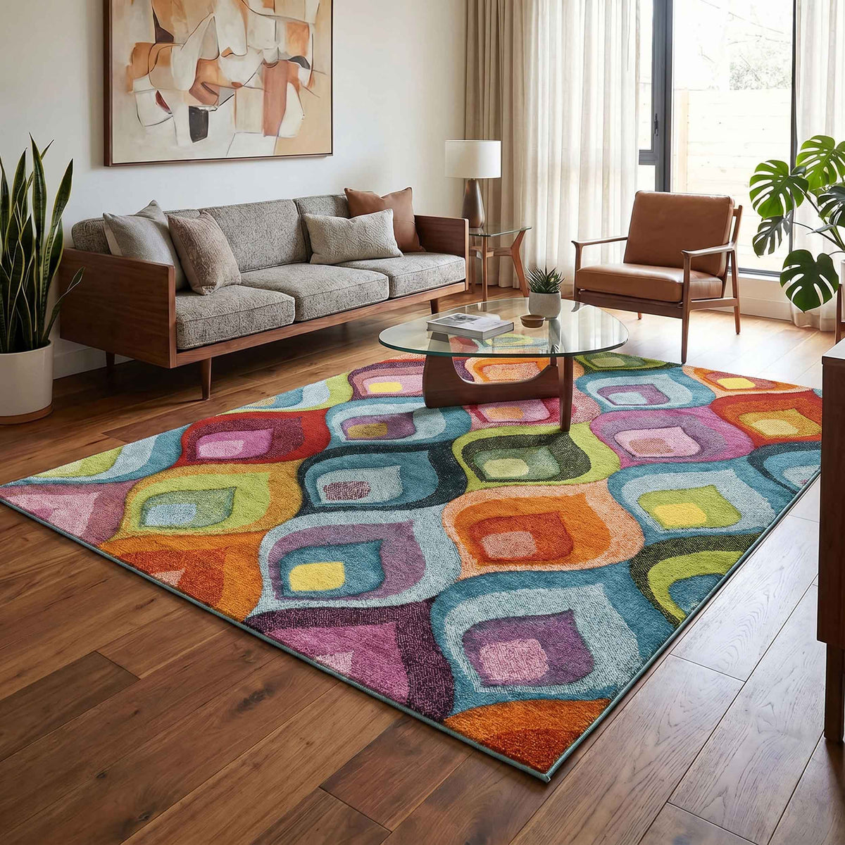 Rainbow Ogee carved rug, in a room setting