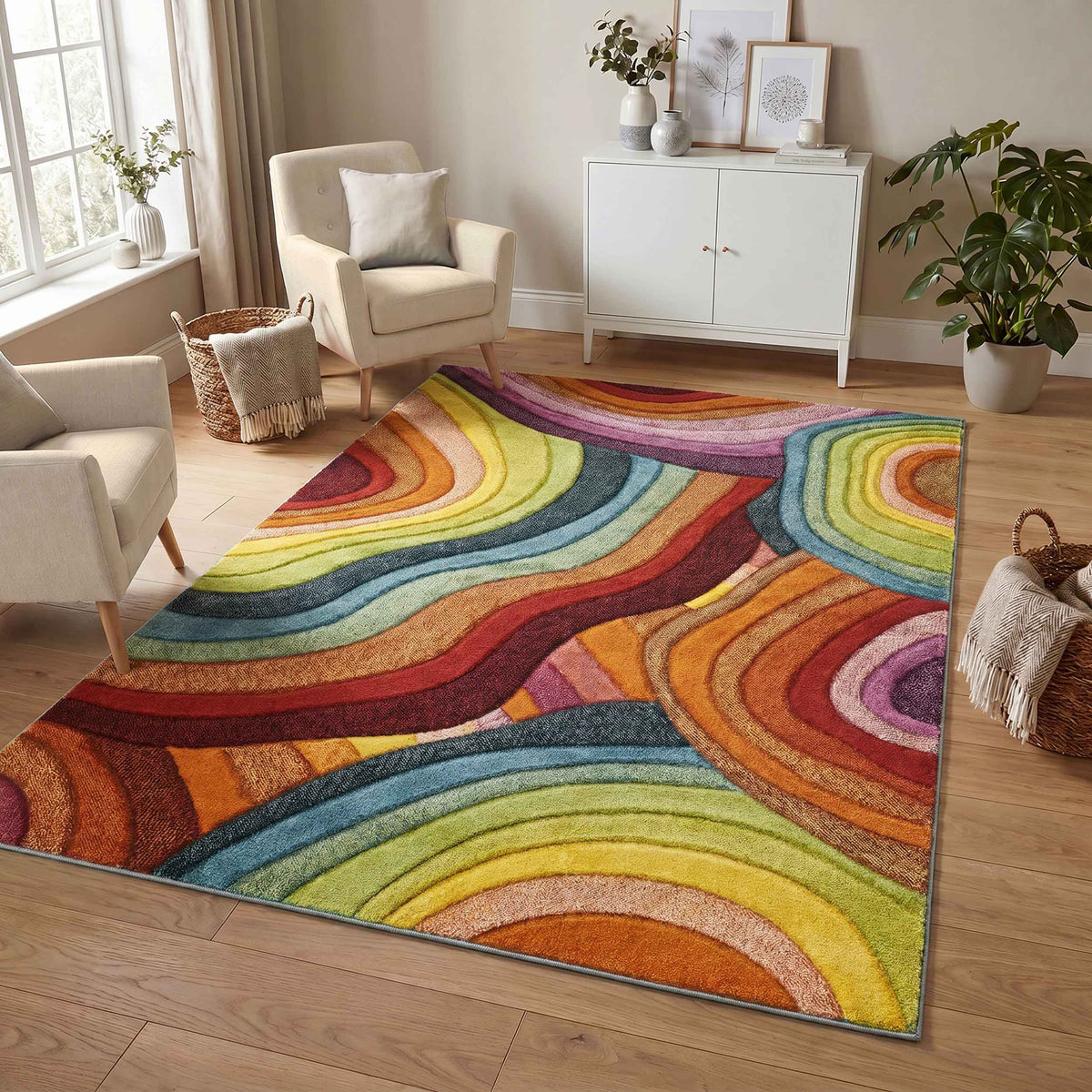 Rainbow Loop carved rug, in a room setting 2