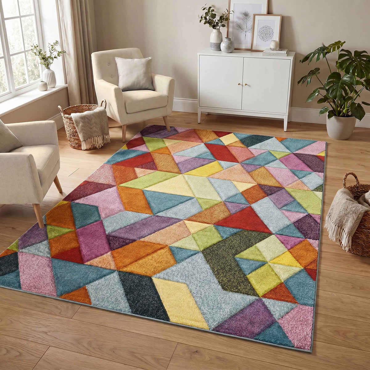 Rainbow Mosaic carved rug, in a room setting 2