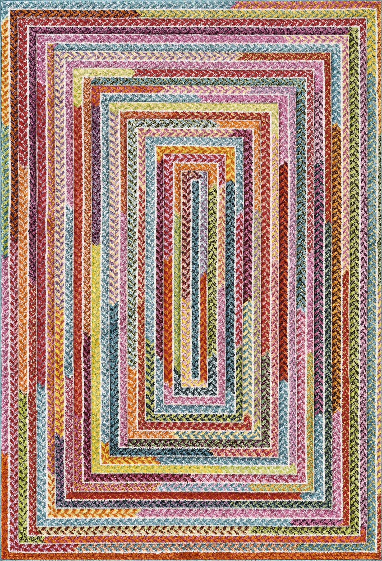 Rainbow Braided carved rug, flat portrait view