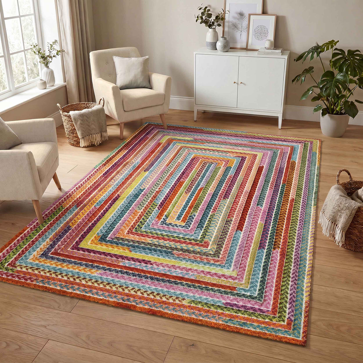 Rainbow Braided carved rug, in a room setting 2