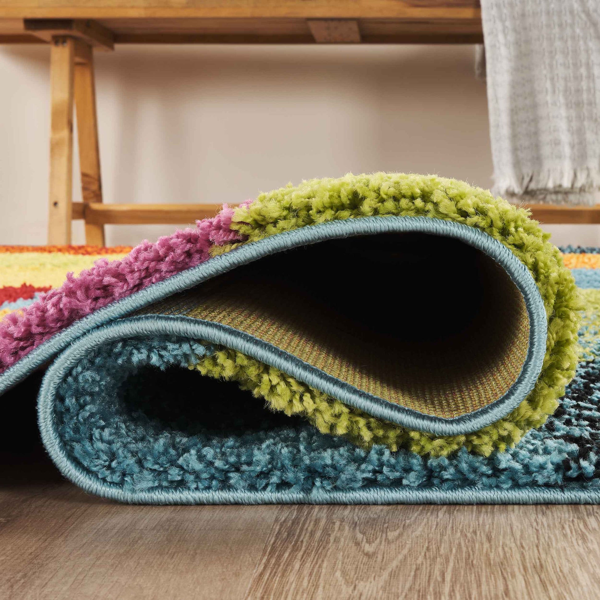 Multicolour Rio Rubix geometric rug, close-up pile detail 2