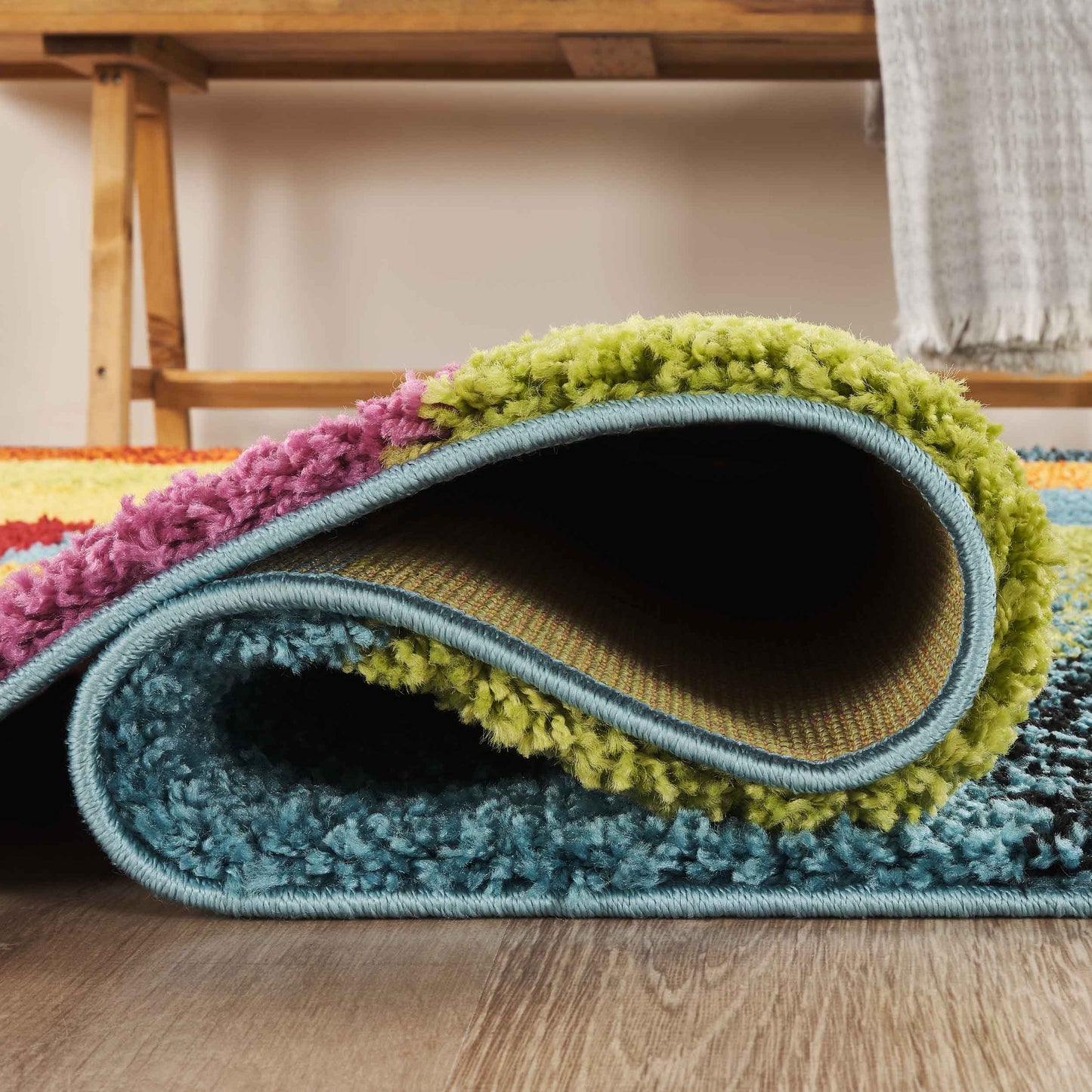Multicolour Rio Rubix geometric rug, close-up pile detail 2