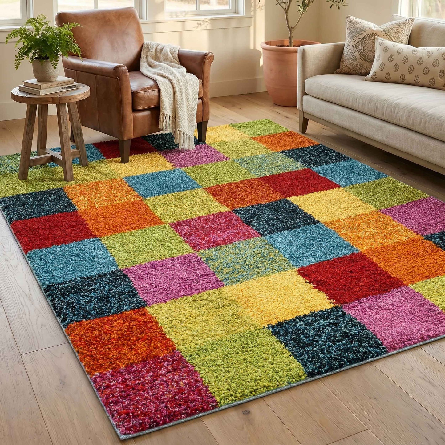 Multicolour Rio Rubix geometric rug, in a room setting