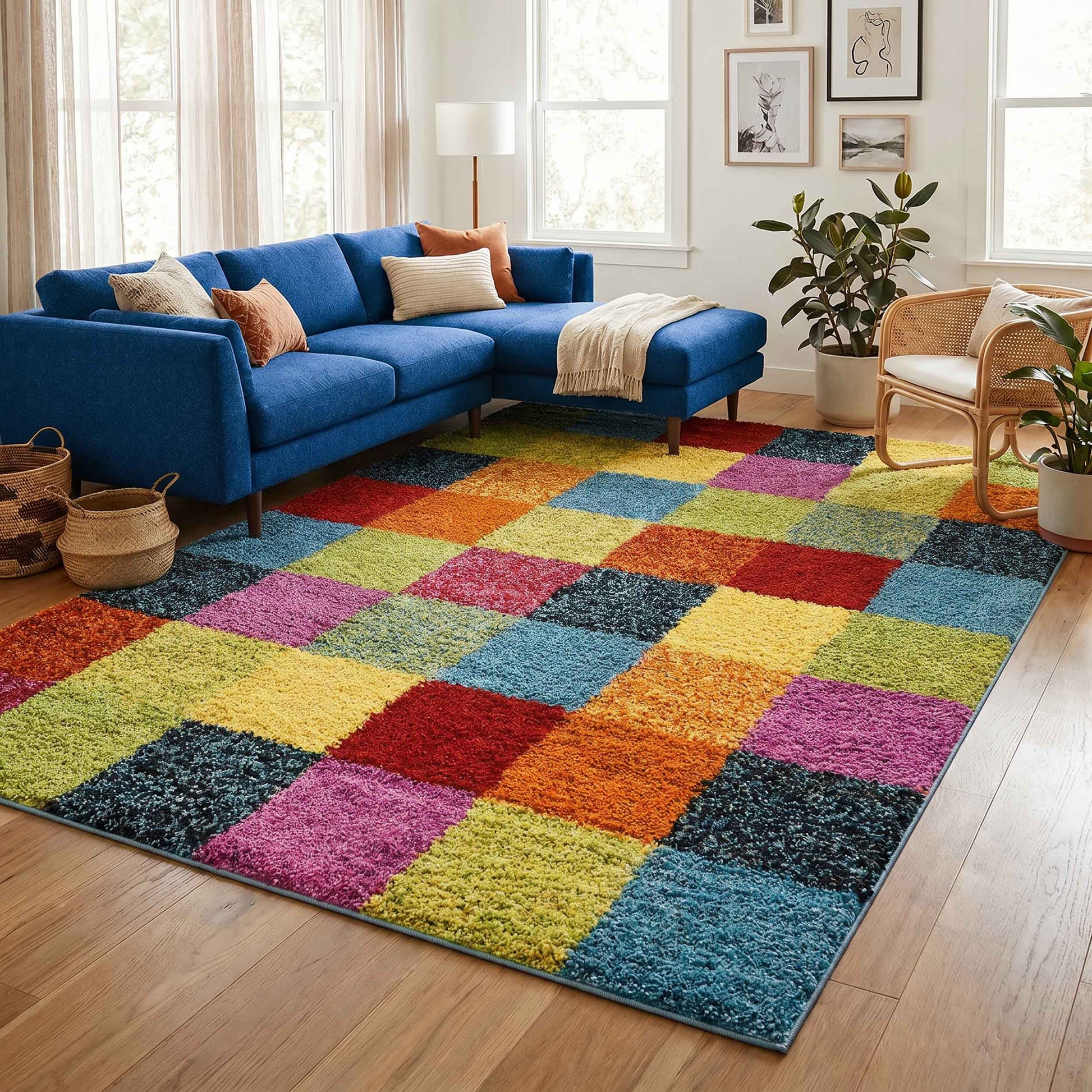 Multicolour Rio Rubix geometric rug, in a room setting 2