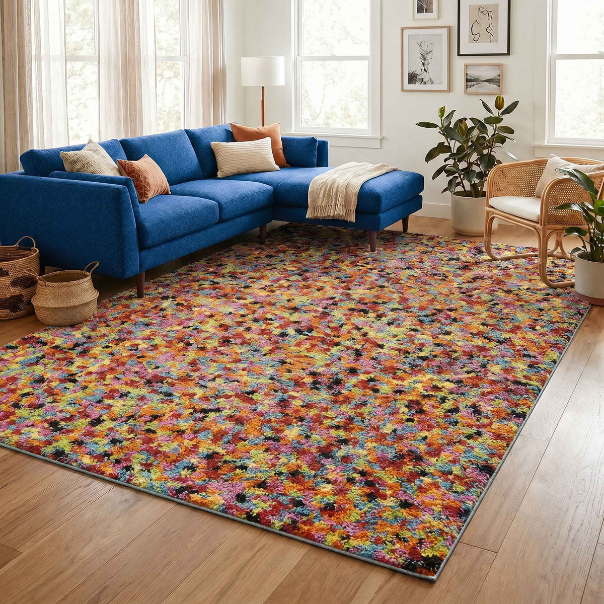 Multicolour Rio Pixel geometric rug, in a room setting 2
