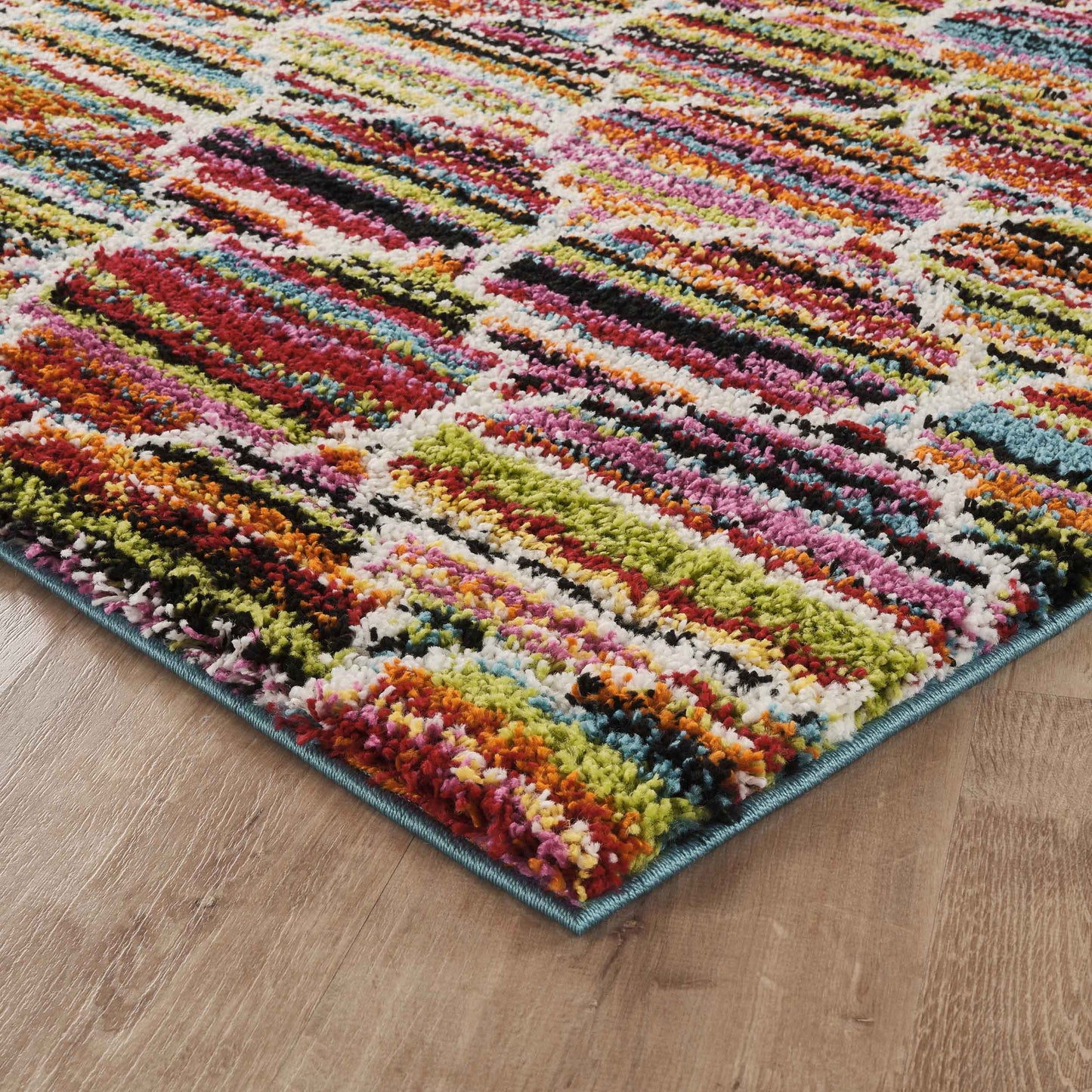 Multicolour Rio Trellis geometric rug, close-up pile detail