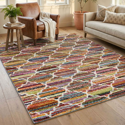 Multicolour Rio Trellis geometric rug, in a room setting