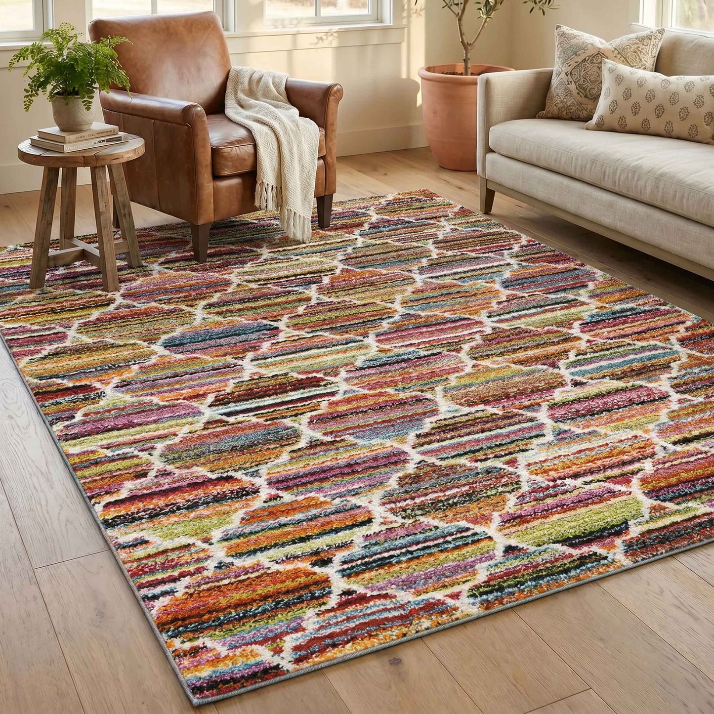 Multicolour Rio Trellis geometric rug, in a room setting