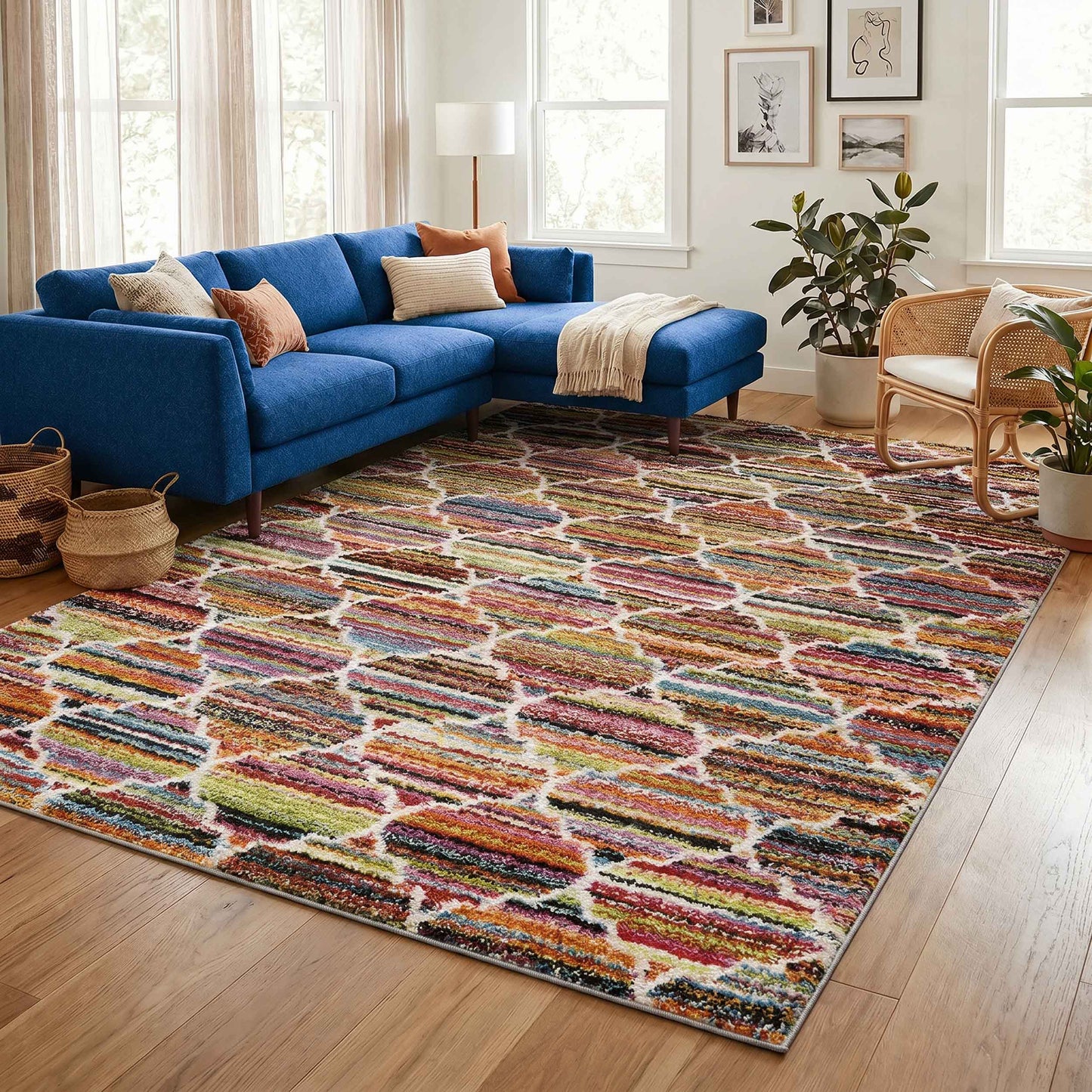 Multicolour Rio Trellis geometric rug, in a room setting 2