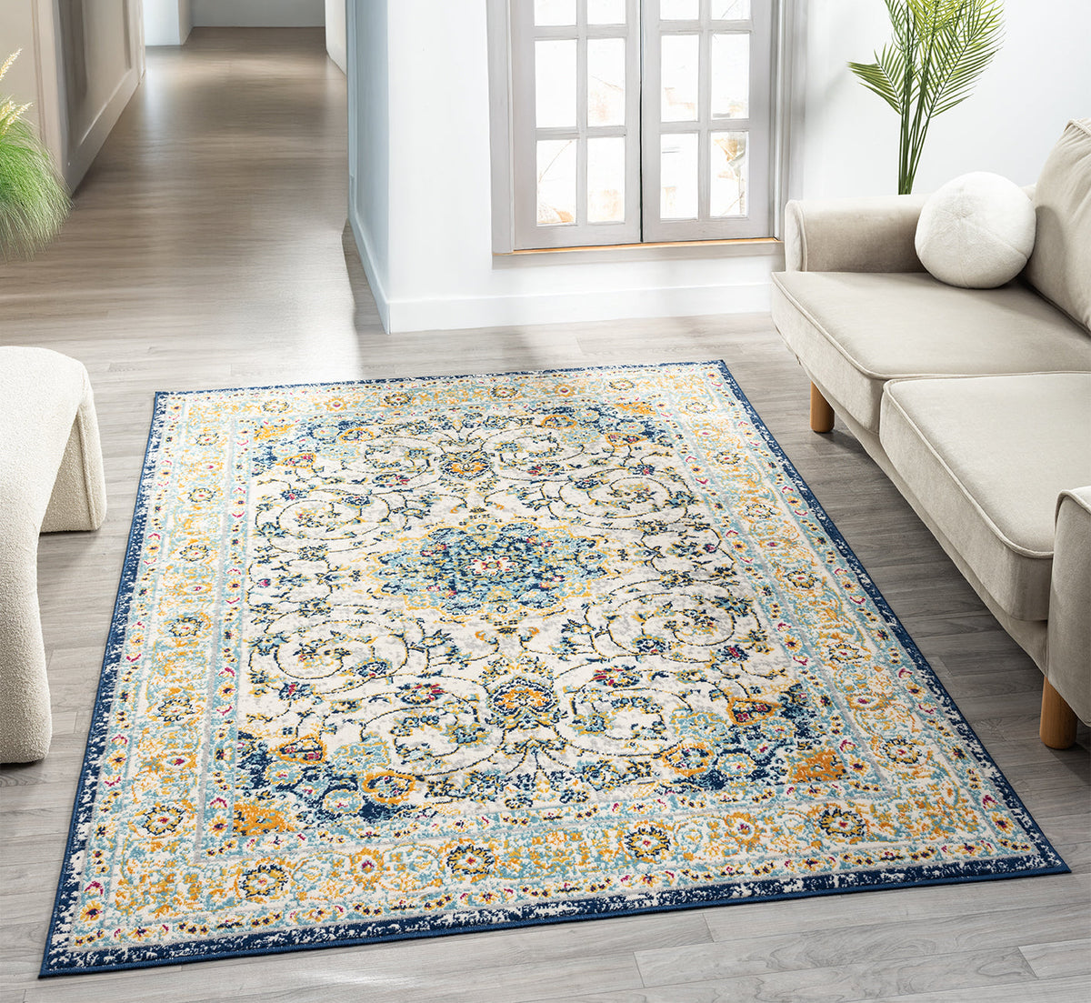 Multicolour San Marino Medallion traditional rug, in a room setting