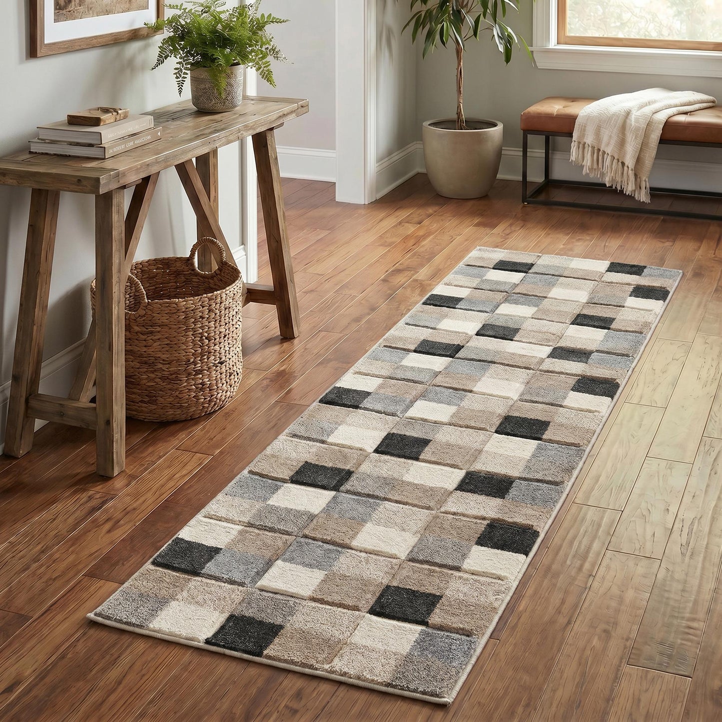 Santiago Carved Abstract Rug - Grid Beige