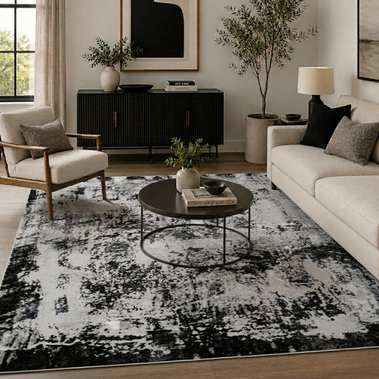 Black Serenity Acrylic abstract rug, in a room setting