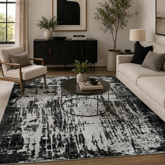 Black Serenity Abrasion abstract rug, in a room setting