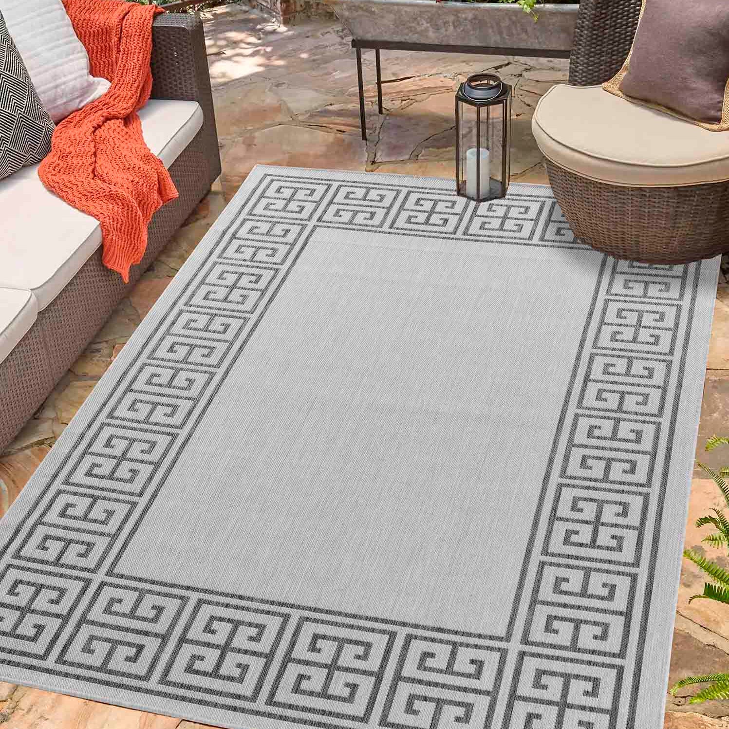 Sky Greek Key Outdoor Rug - Dark Grey