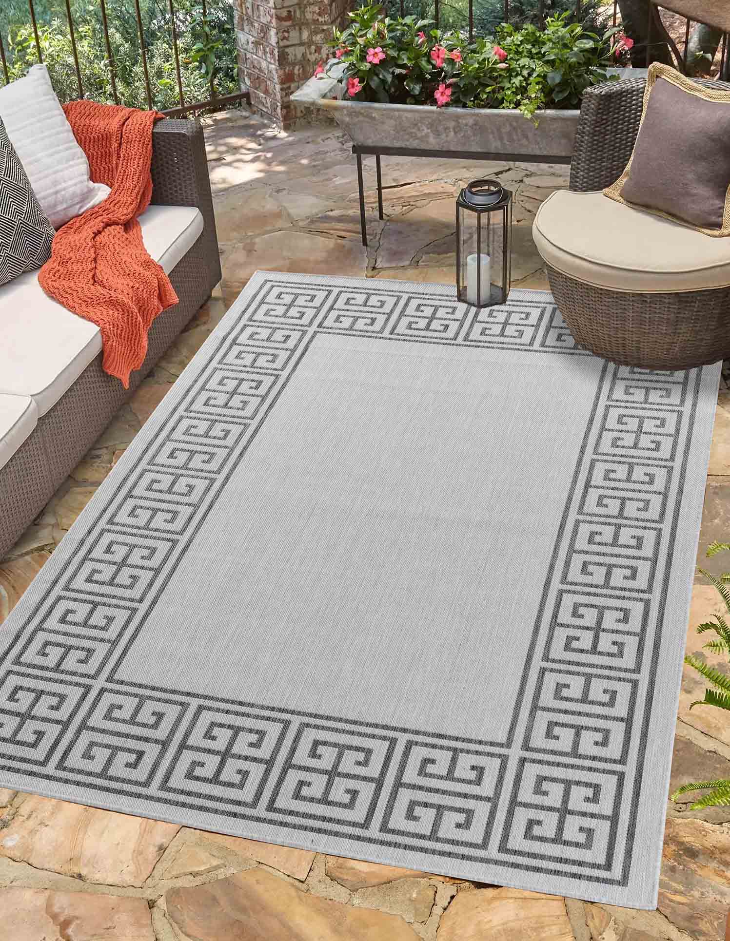 Sky Greek Key Outdoor Rug - Dark Grey