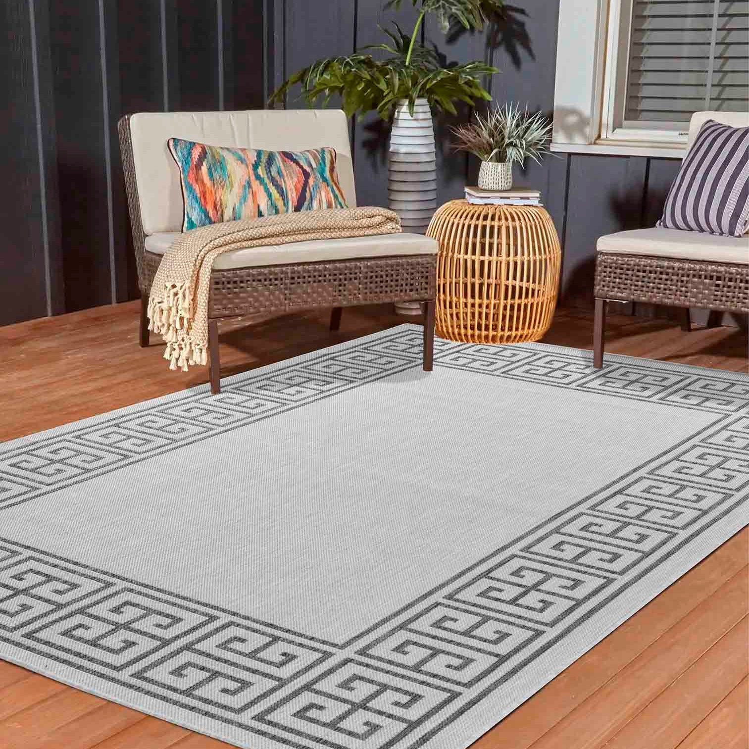 Sky Greek Key Outdoor Rug - Dark Grey