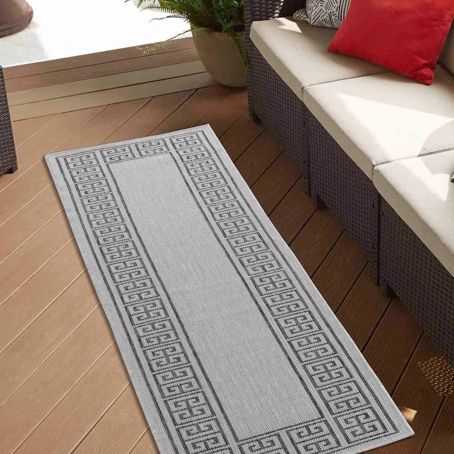 Sky Greek Key Outdoor Rug - Dark Grey