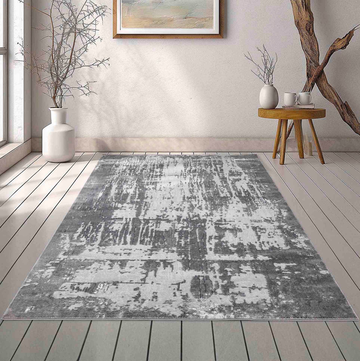 Serenity Abstract Abrasion Rug - Grey
