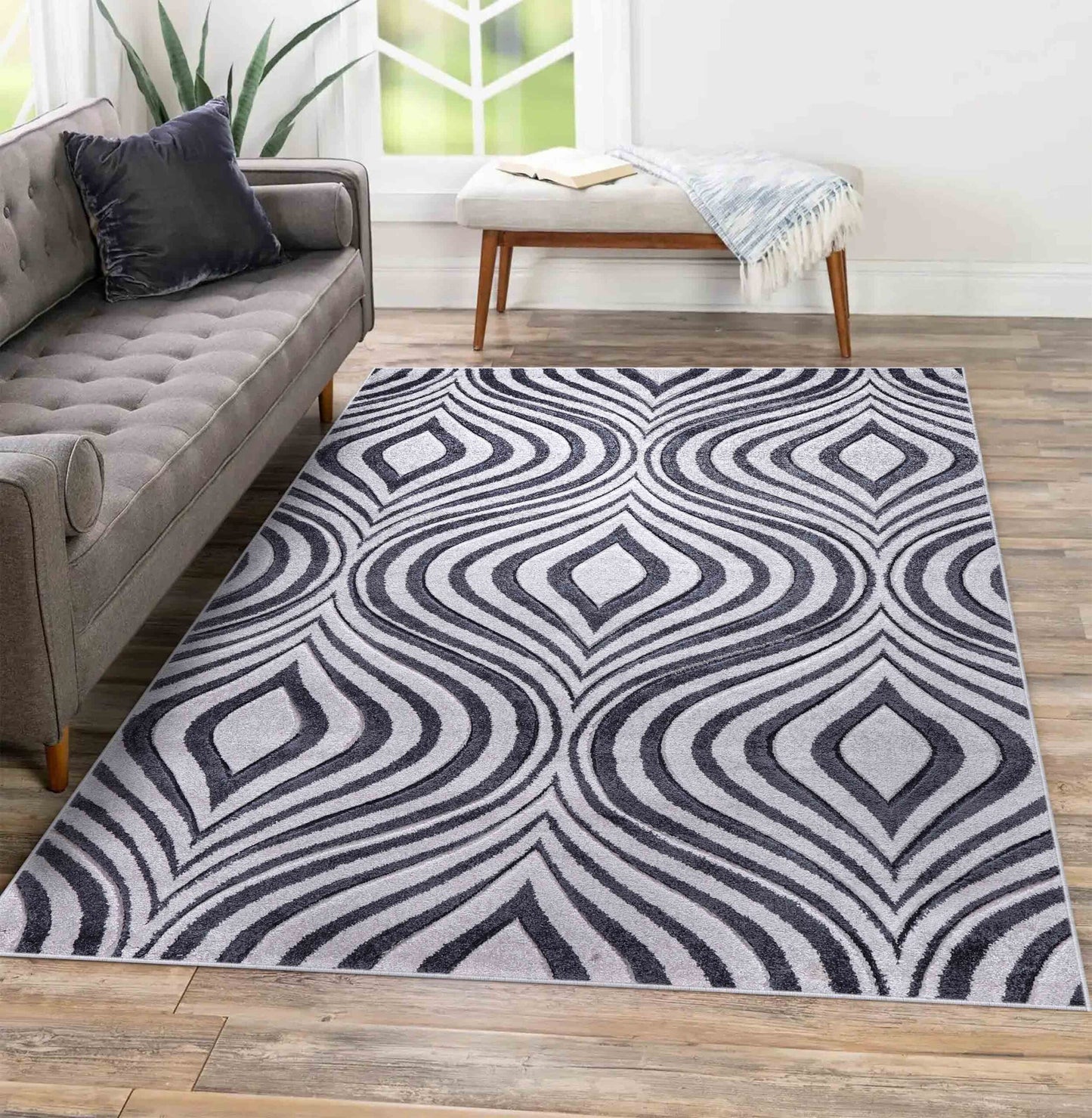 Valencia Ogee Carved Rugs - Dark Grey