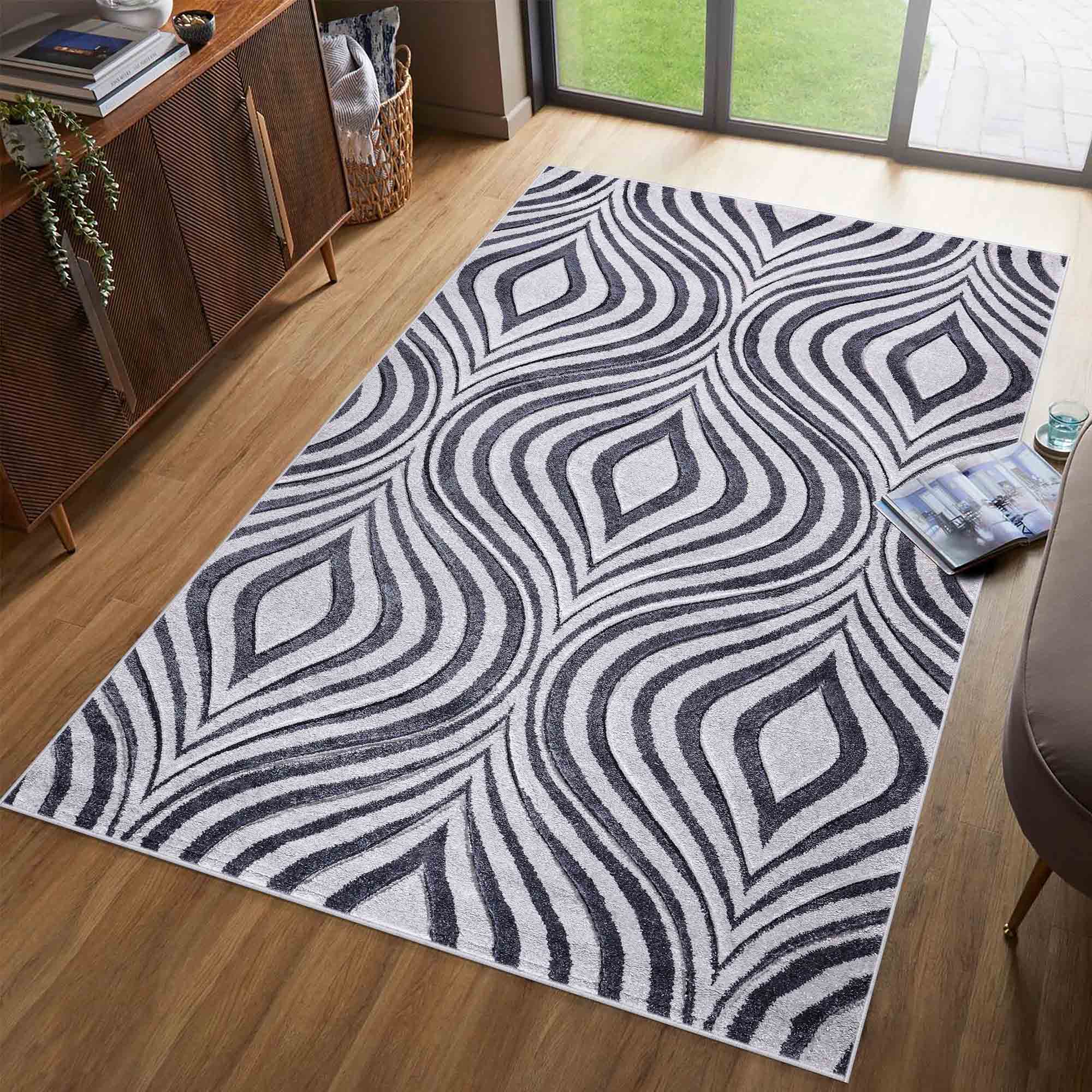 Valencia Ogee Carved Rugs - Dark Grey