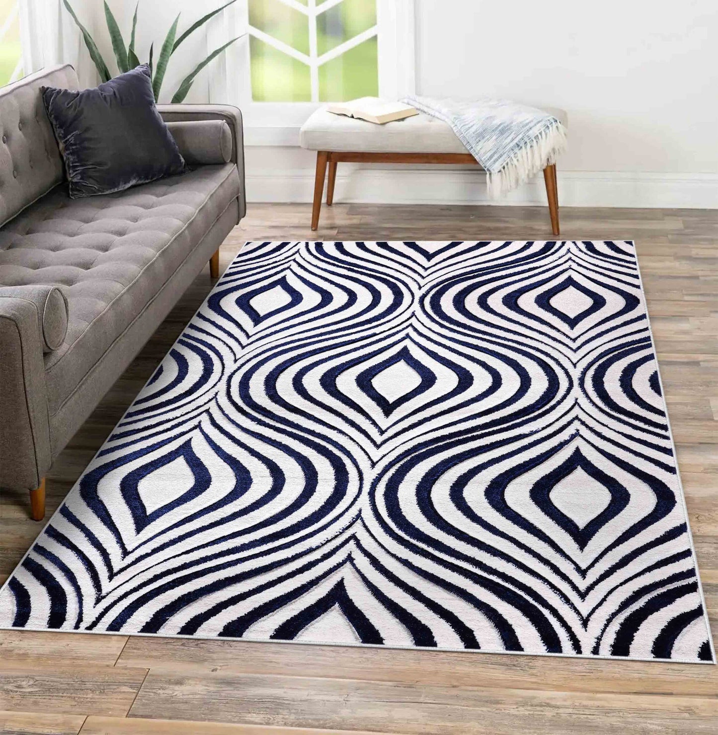 Valencia Ogee Carved Rugs - Navy