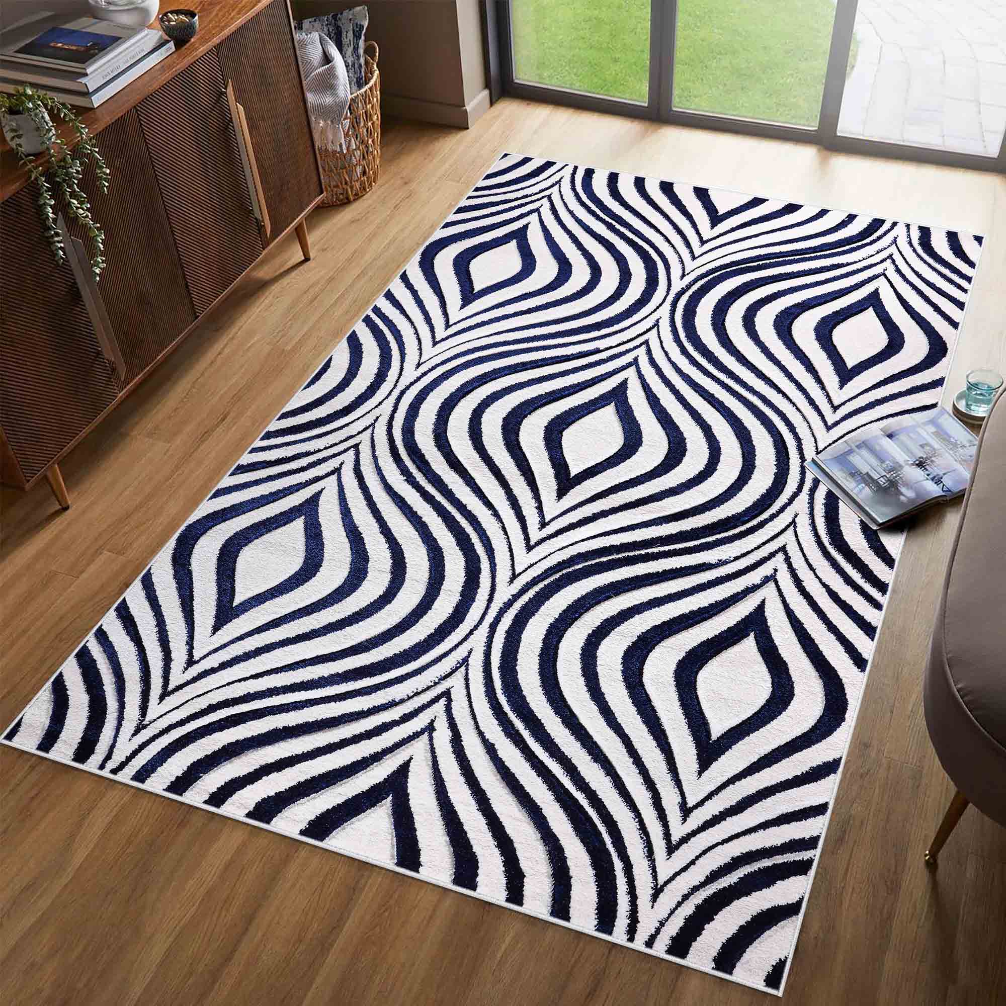 Valencia Ogee Carved Rugs - Navy