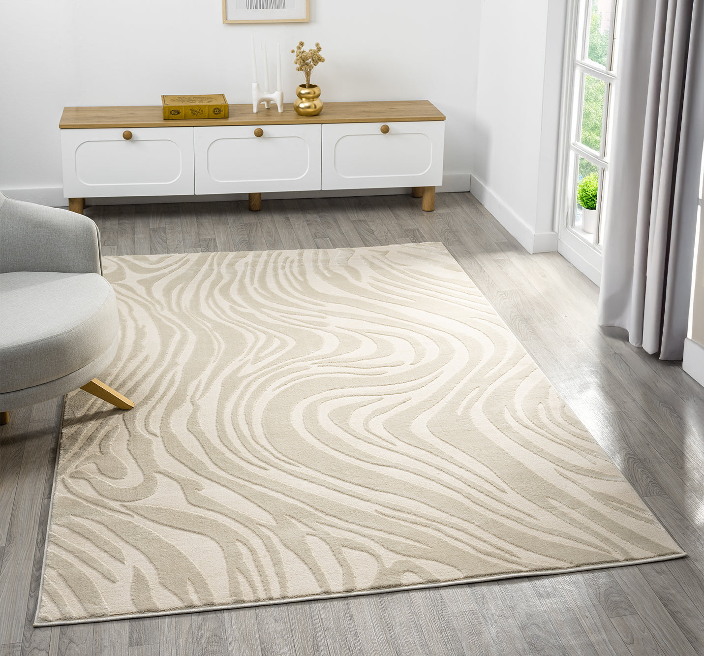 Cream Vellure Marble textured geometric rug, in a room setting 2