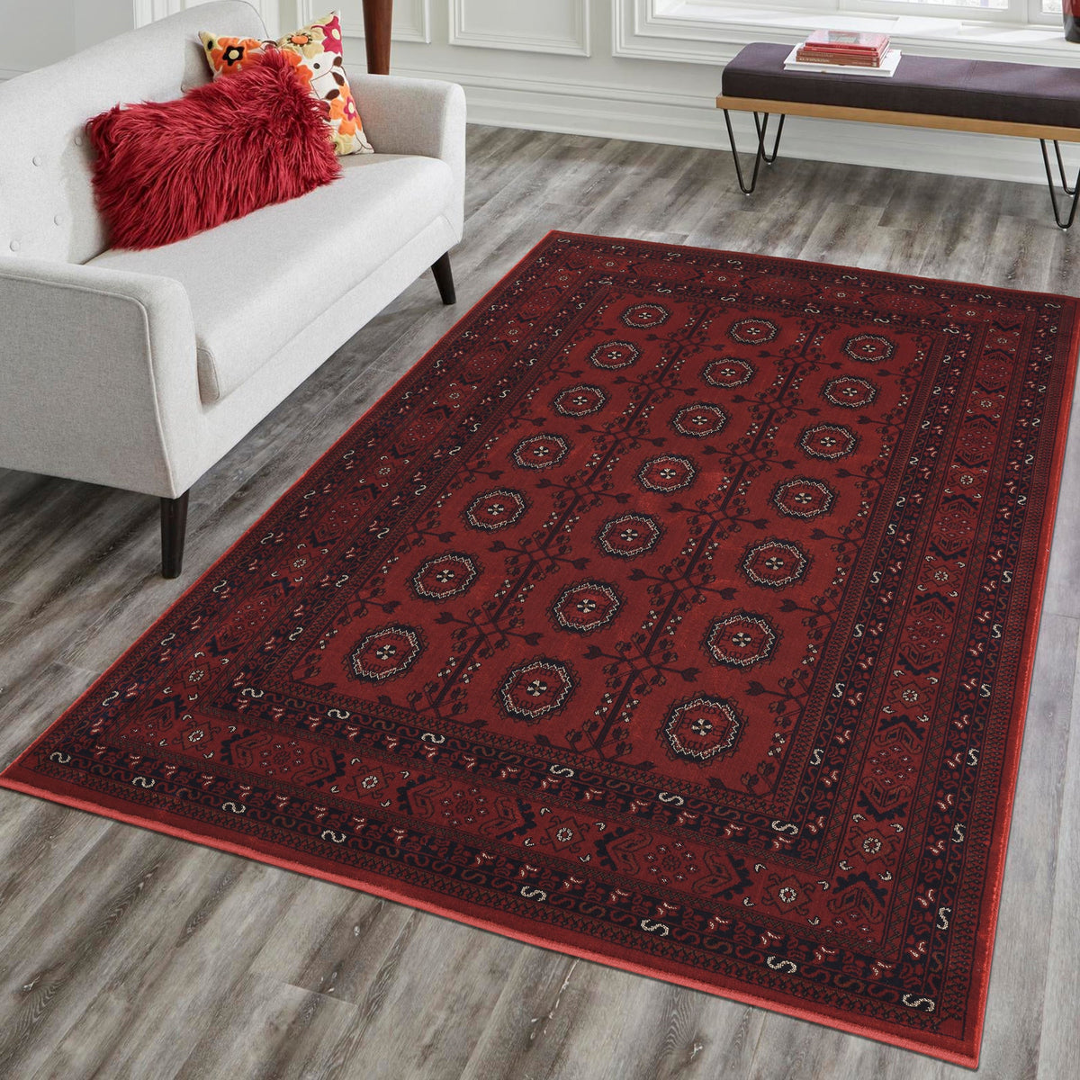 Red Yasmin traditional bokhara rug, in a room setting 2