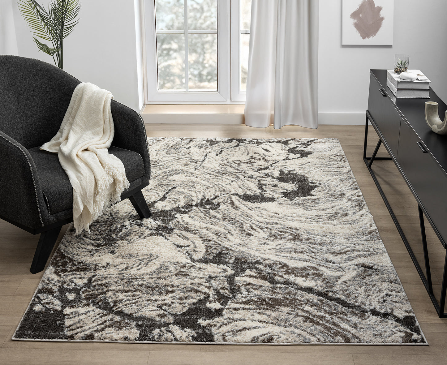 Grey Eleanor Astro embossed abstract rug, styled view