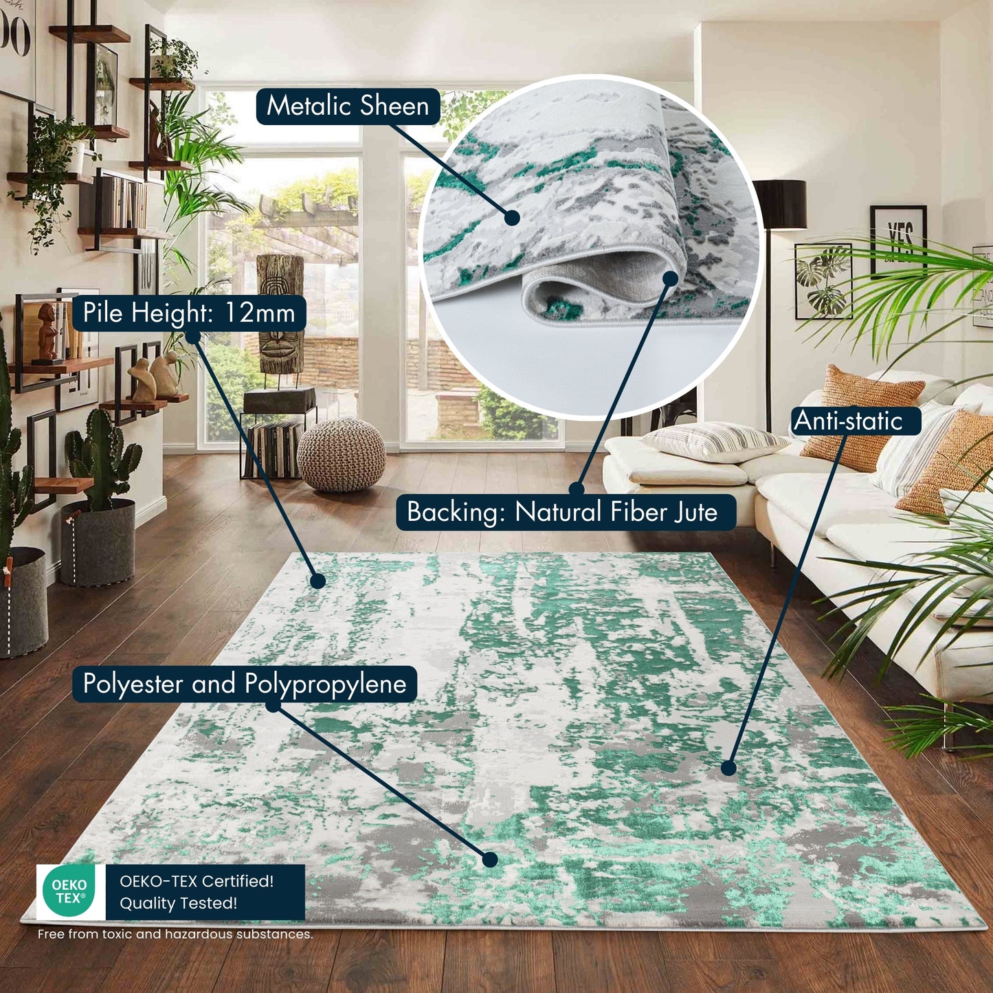 Aqua Emperor Styra abstract rug, styled view