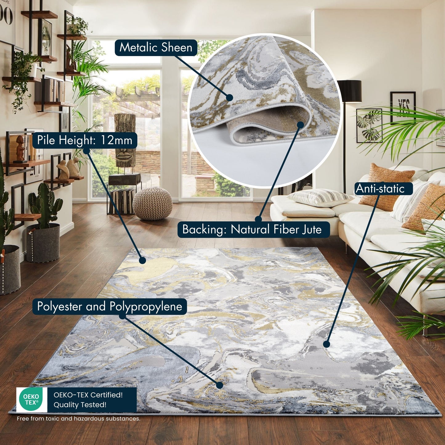 Emperor Metallic Abstract Rug - Solarius Gold