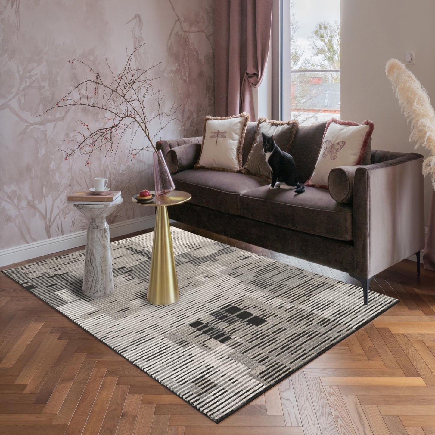 Dark Grey Mayfair Matrix metallic rug, styled view