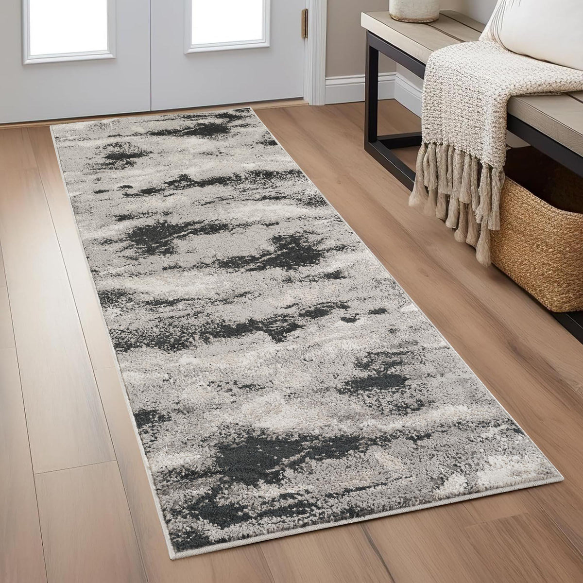 Elysium Mist metallic abstract rug, styled view 5