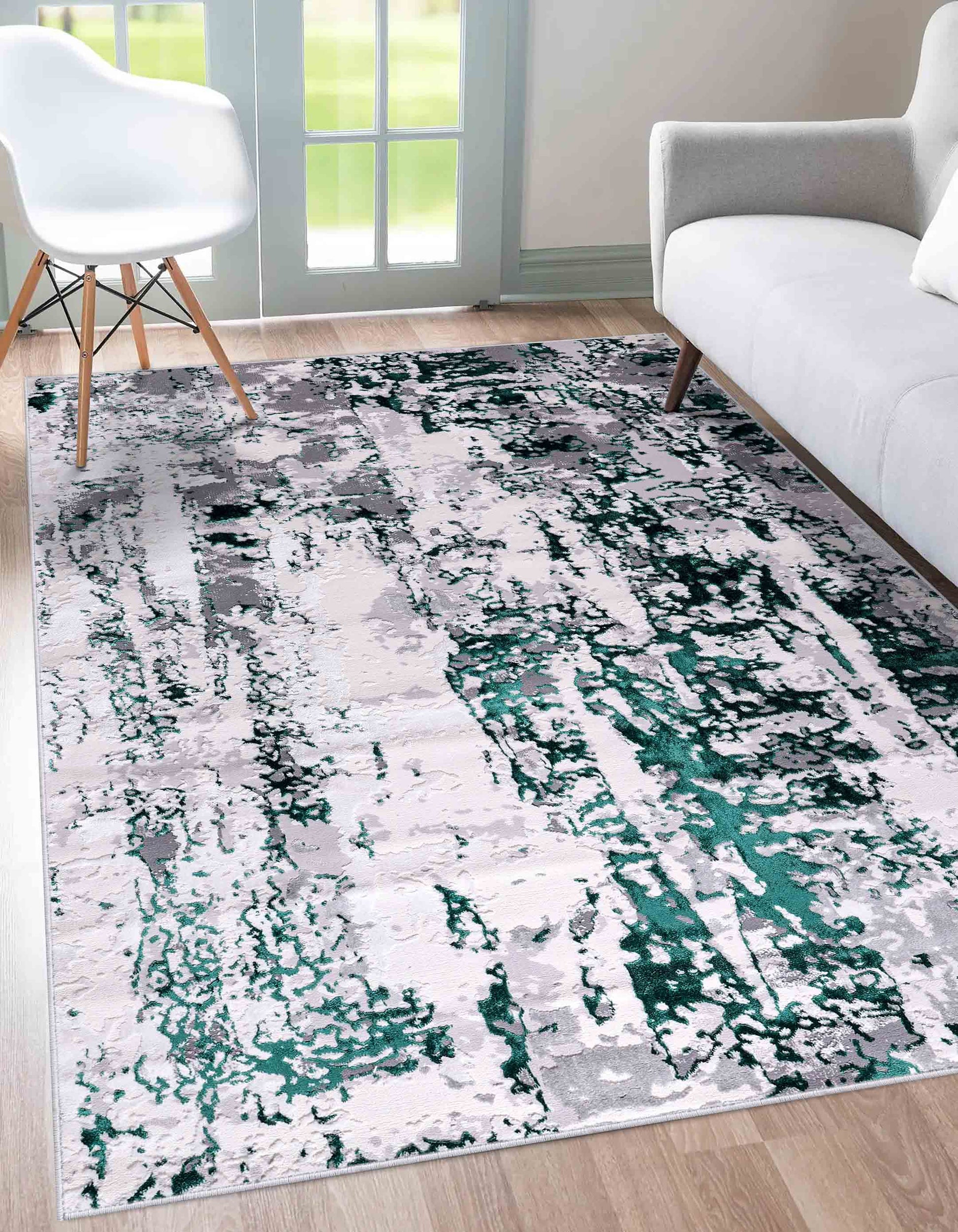 Aqua Emperor Styra abstract rug, styled view 5