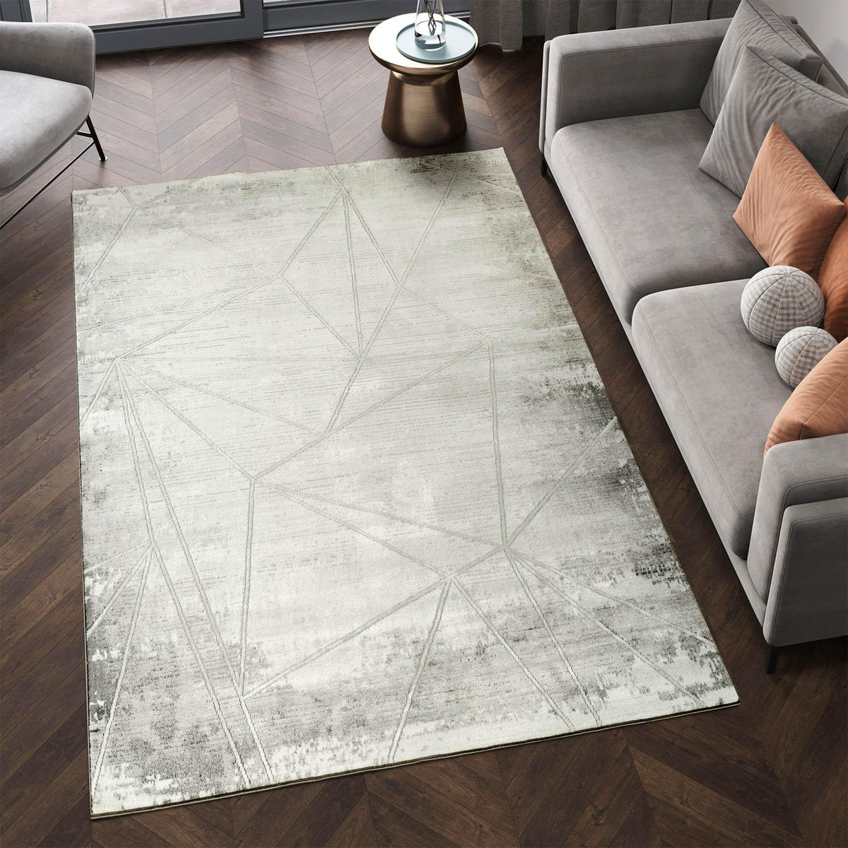 Grey Novu Mirage abstract rug, styled view