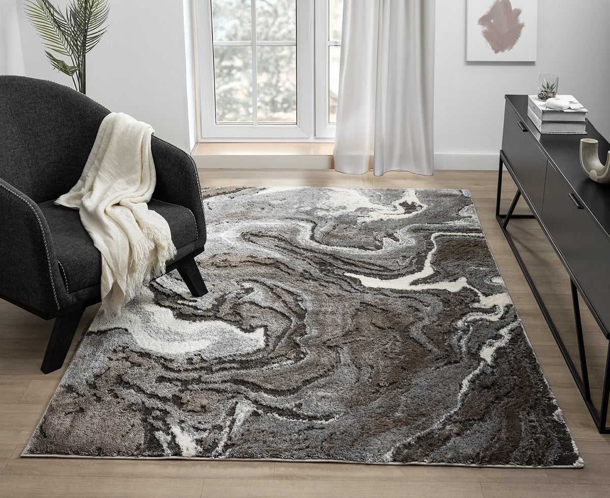 Grey Eleanor Marble embossed abstract rug, styled view