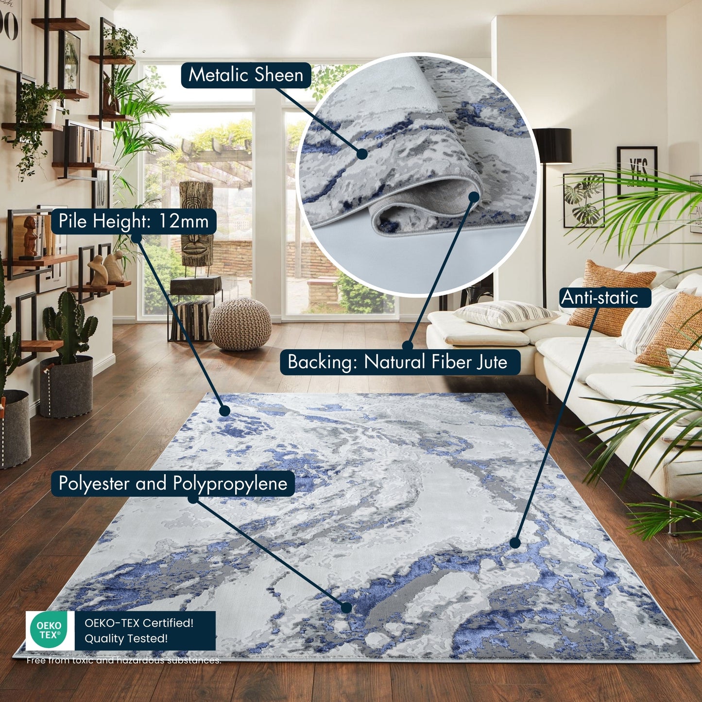 Emperor Metallic Abstract Rug - Picasso Silver